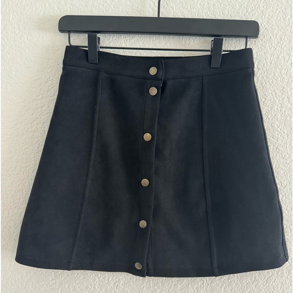 Persun size XS mini skirt black faux suede snap front‎ trendy stretchy